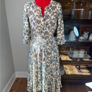 Desigual Floral Midi Dress Boho Smocked Waist 3/4 Sleeve Cream Blue Sz 36 (S)